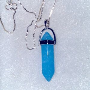Blue Quartz natural crystal silver 16” necklace
